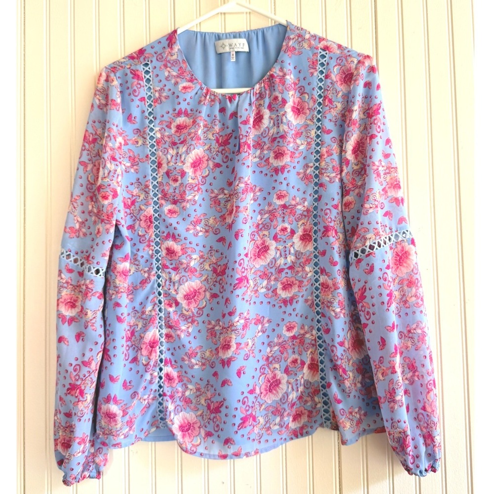 WAYF Blue Pink Floral Ladder Lace Crochet Trim Keyhole Blouse Small‎